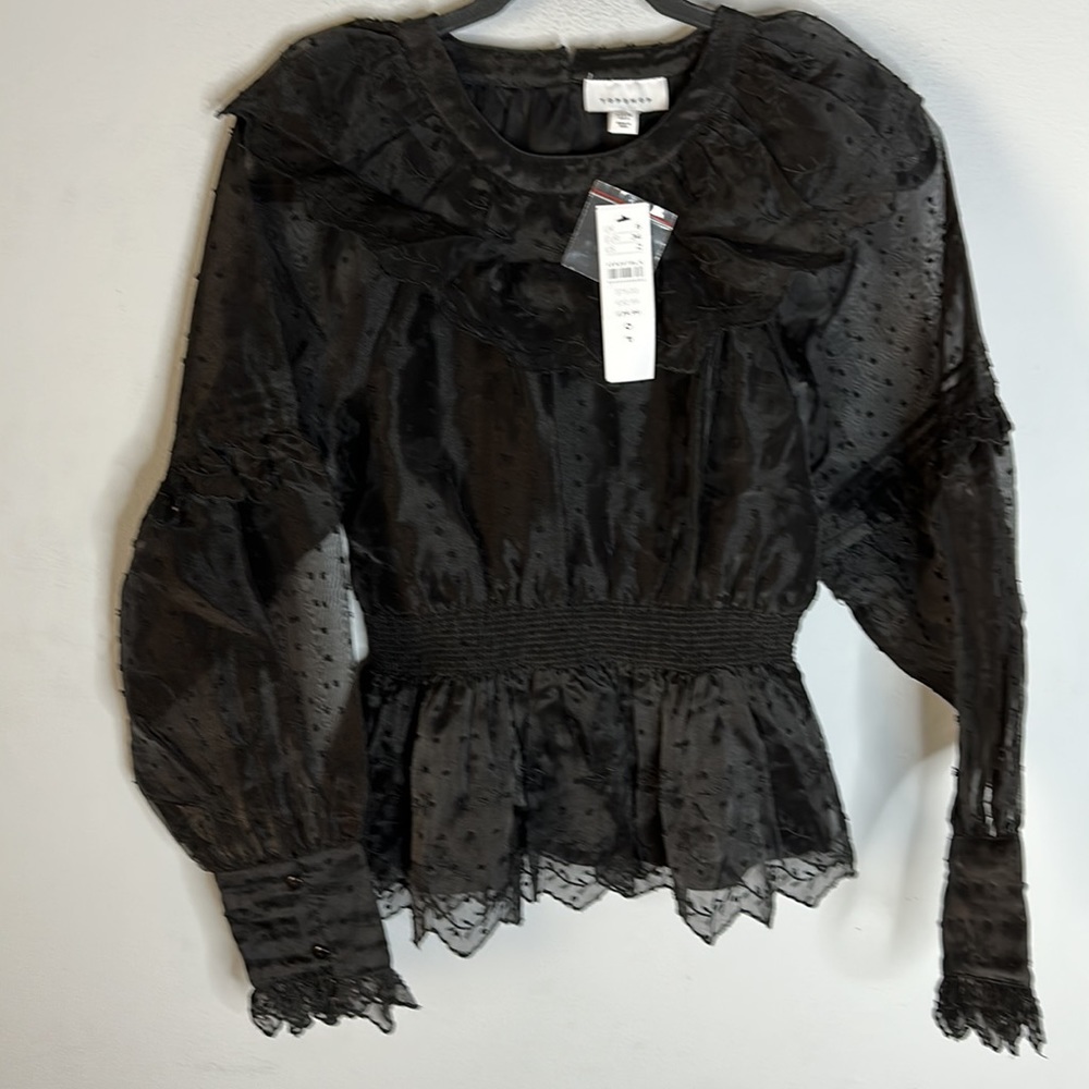 Topshop Dobby Shirred Waist Women's Long Sleeve Blouse Black Size 2 New - Picture 3 of 9